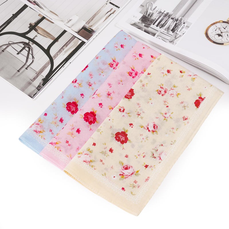 HOULIFE Ladies 100% 60S Cotton Handkerchiefs Womens Red Rose Floral Print Hankies for Wedding Party 18x18 - Image 5